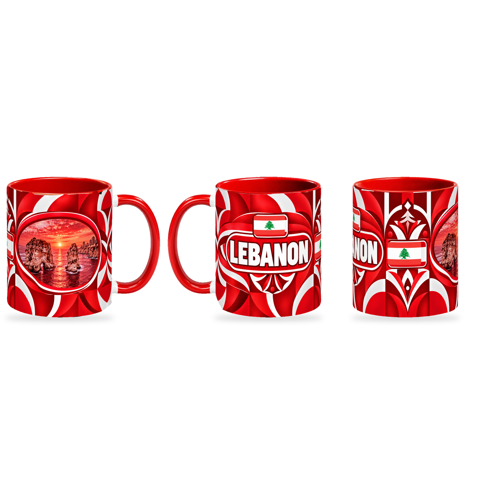 Lebanon Mug – 320ml — three matching angles together on a white background with a soft shadow