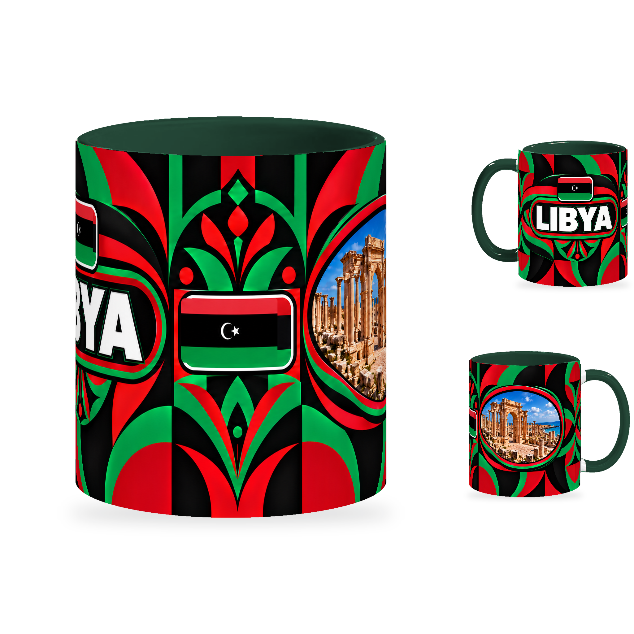 Libya Mug – 320ml with dark green handle, showing the centered flag view plus companion country-name and landmark views of the glossy full-wrap design by Fann Bliss.