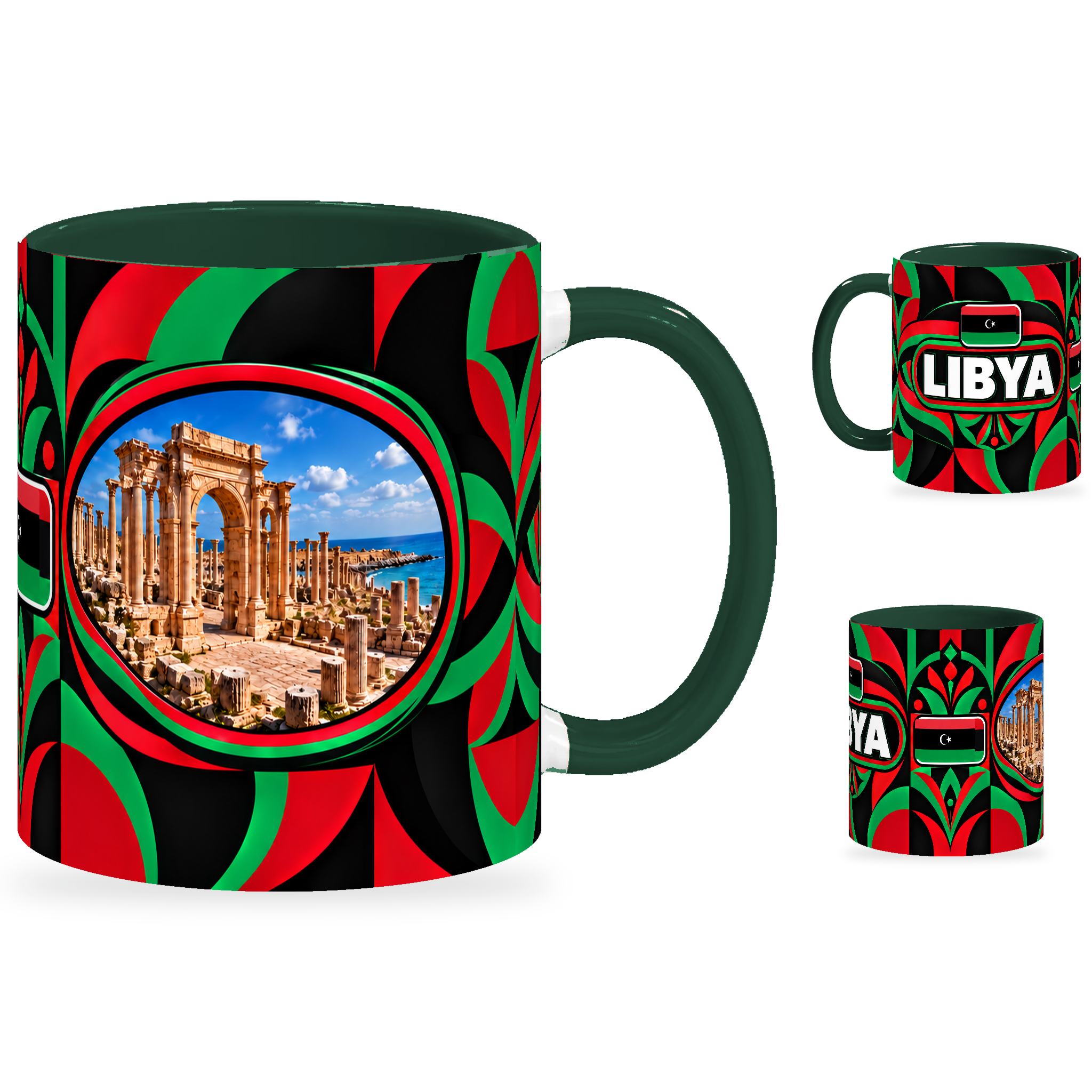 Libya Mug – 320ml with dark green handle, showing the landmark side plus companion country-name and centered-flag views of the glossy full-wrap design by Fann Bliss.