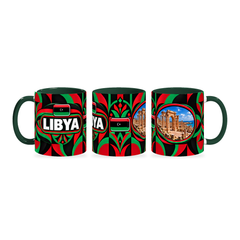 Libya Mug – 320ml with dark green handle, shown in three matching angles of the glossy full-wrap design by Fann Bliss.