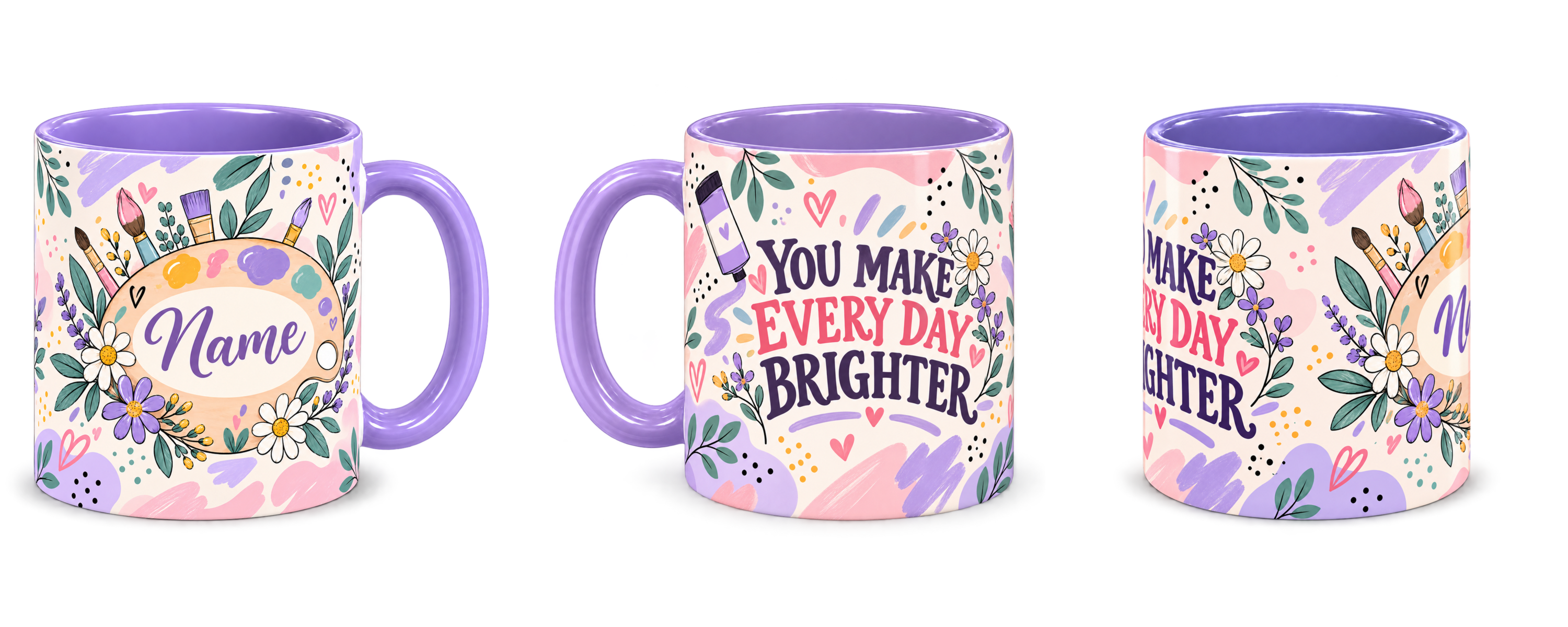 Lilac Art Studio Teacher Mug, light purple – right, left and centre views side by side