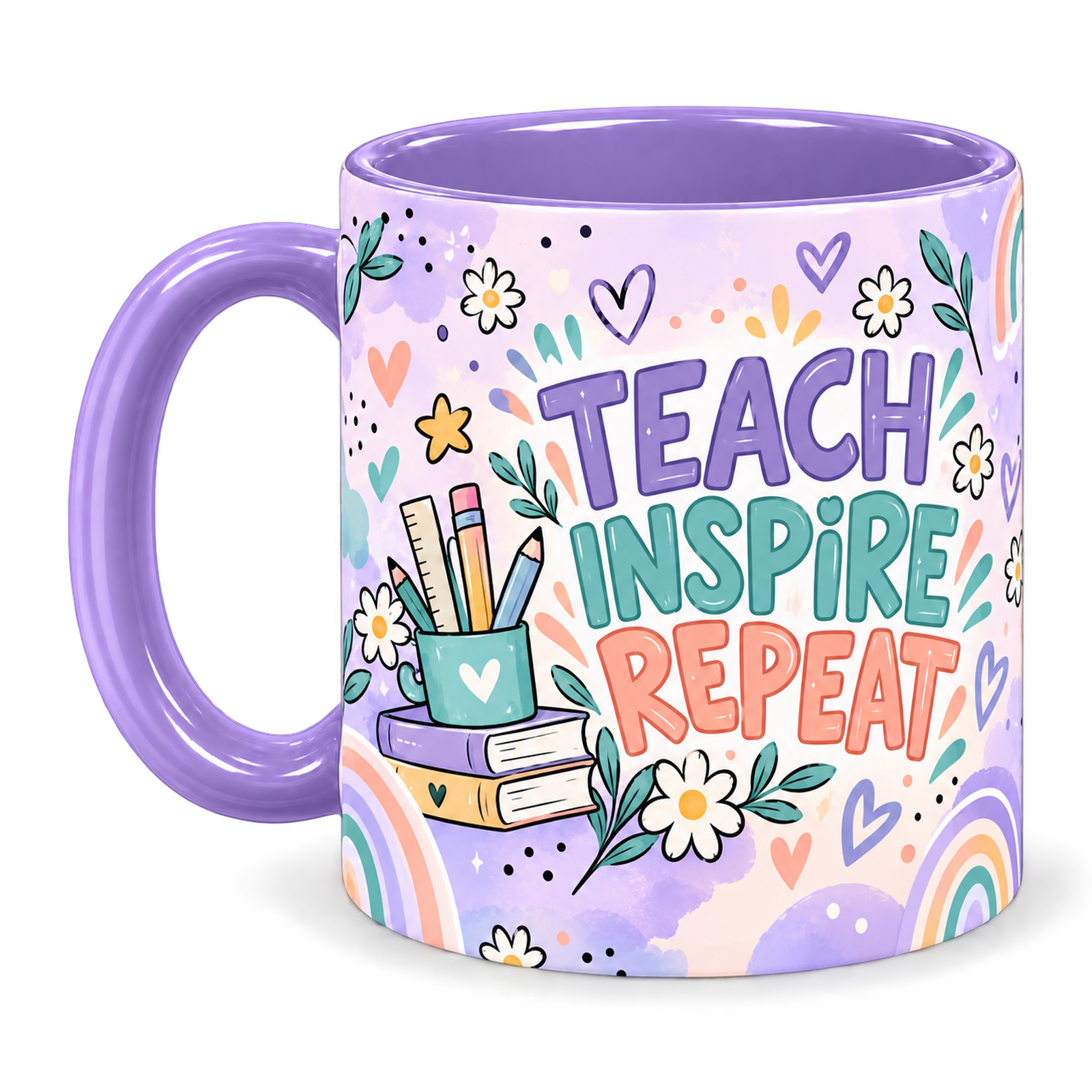 Lilac Classroom Confetti Teacher Mug, light purple – handle on the left, TEACH INSPIRE REPEAT