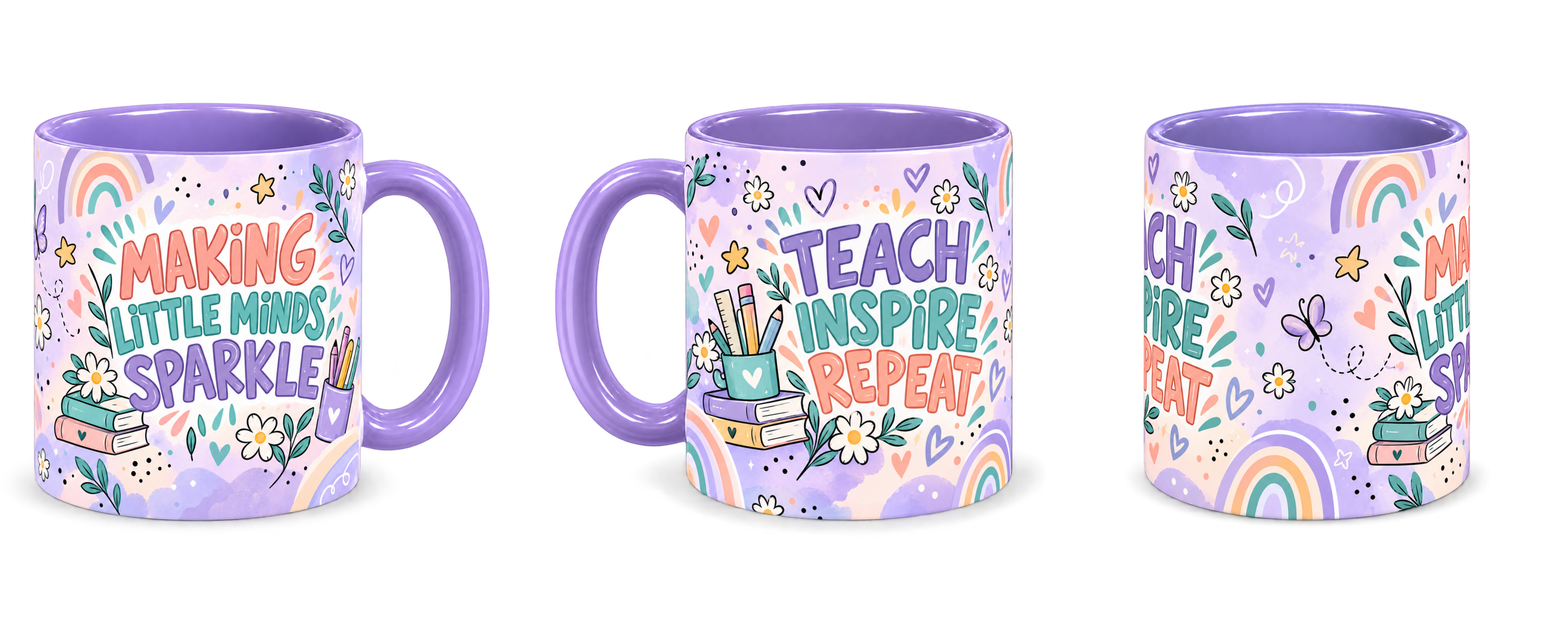 Lilac Classroom Confetti Teacher Mug, light purple – right, left and centre views side by side