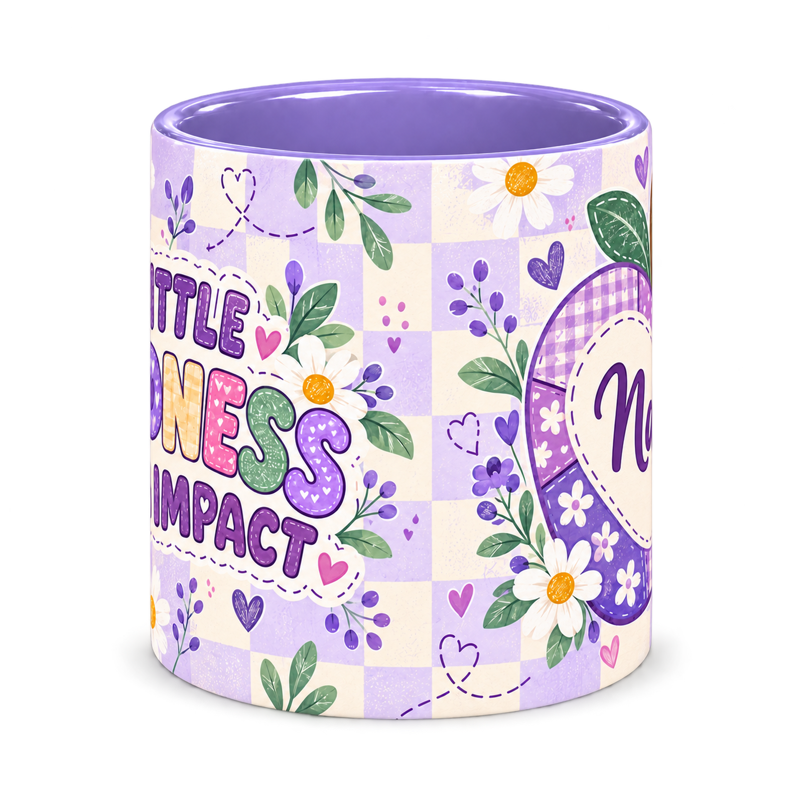 Lilac Patchwork Apple Teacher Mug, light purple – centre view of the full-wrap pattern