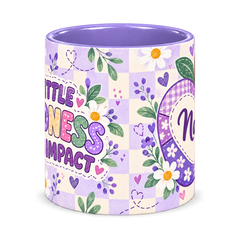 Lilac Patchwork Apple Teacher Mug, light purple – centre view of the full-wrap pattern