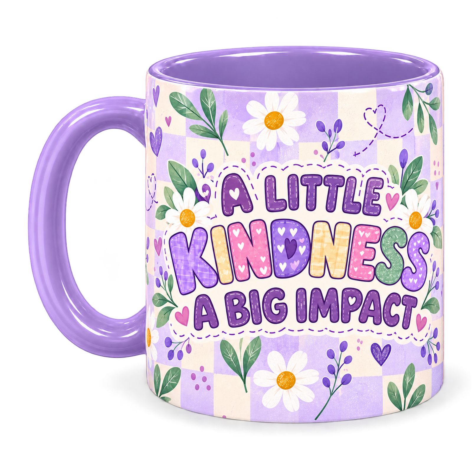 Lilac Patchwork Apple Teacher Mug, light purple – handle on the left, A LITTLE KINDNESS A BIG IMPACT
