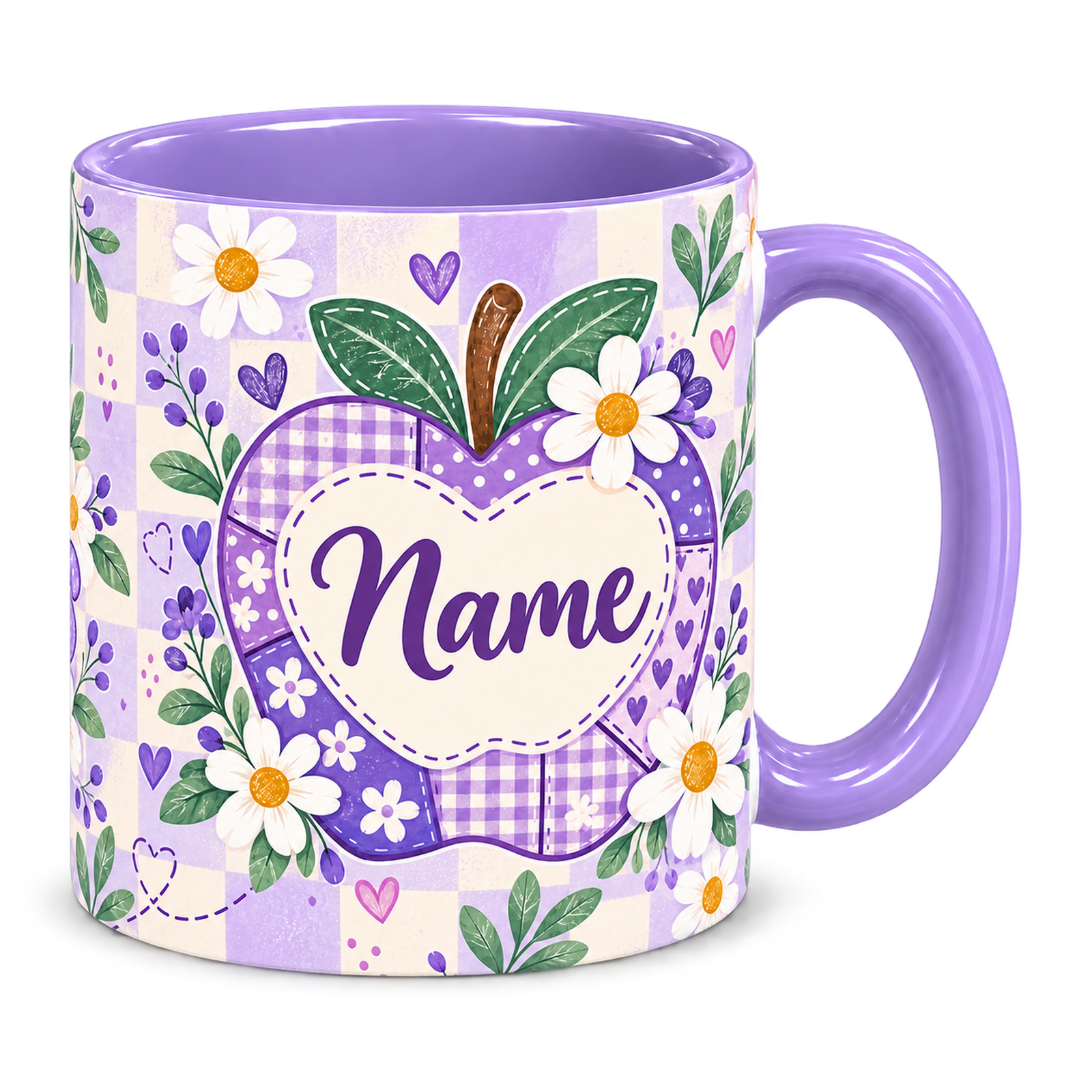 Lilac Patchwork Apple Teacher Mug, light purple – handle on the right, Name