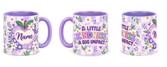 Lilac Patchwork Apple Teacher Mug, light purple – right, left and centre views side by side