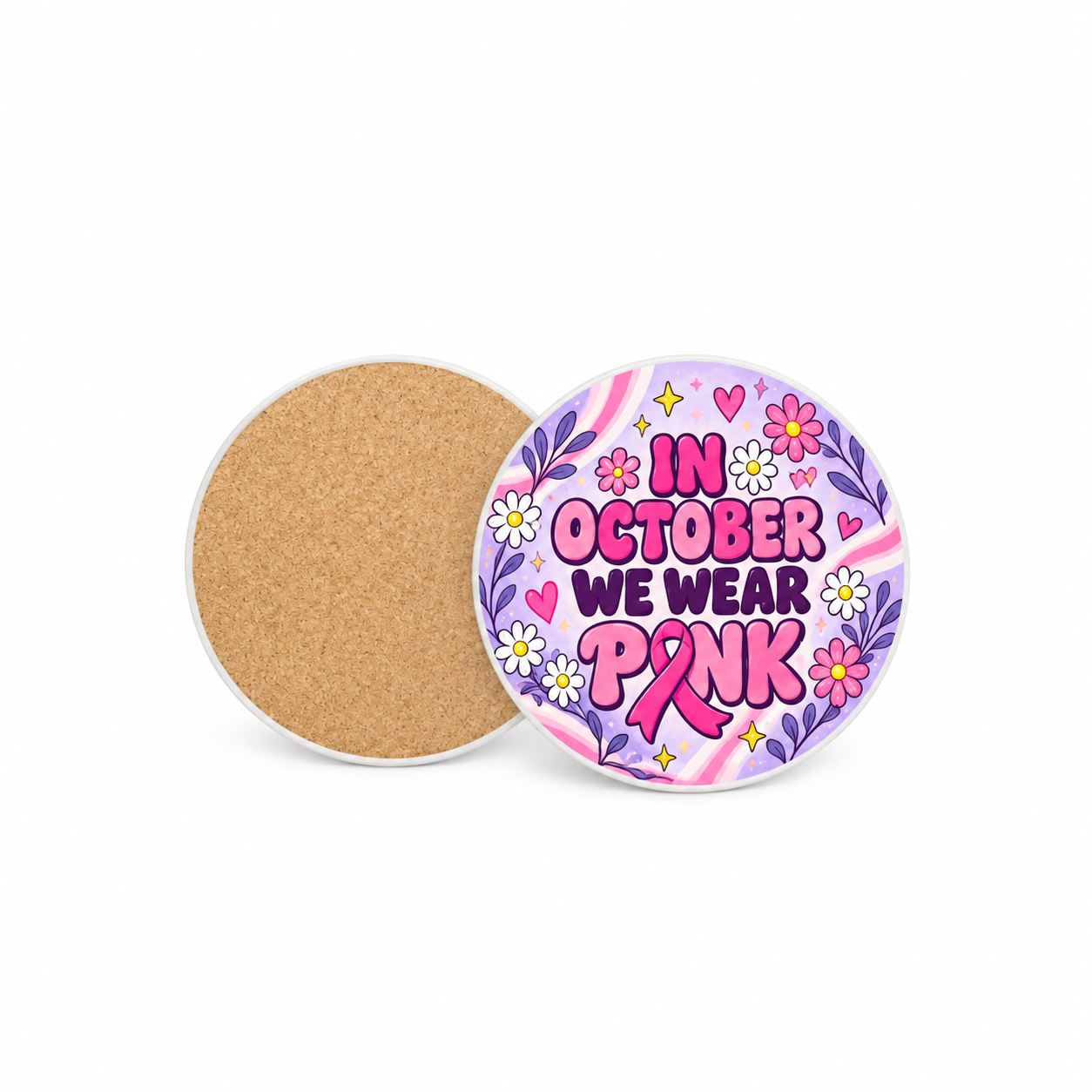 Lilac Pink Club Pinktober 10cm round ceramic coaster, printed front and cork back