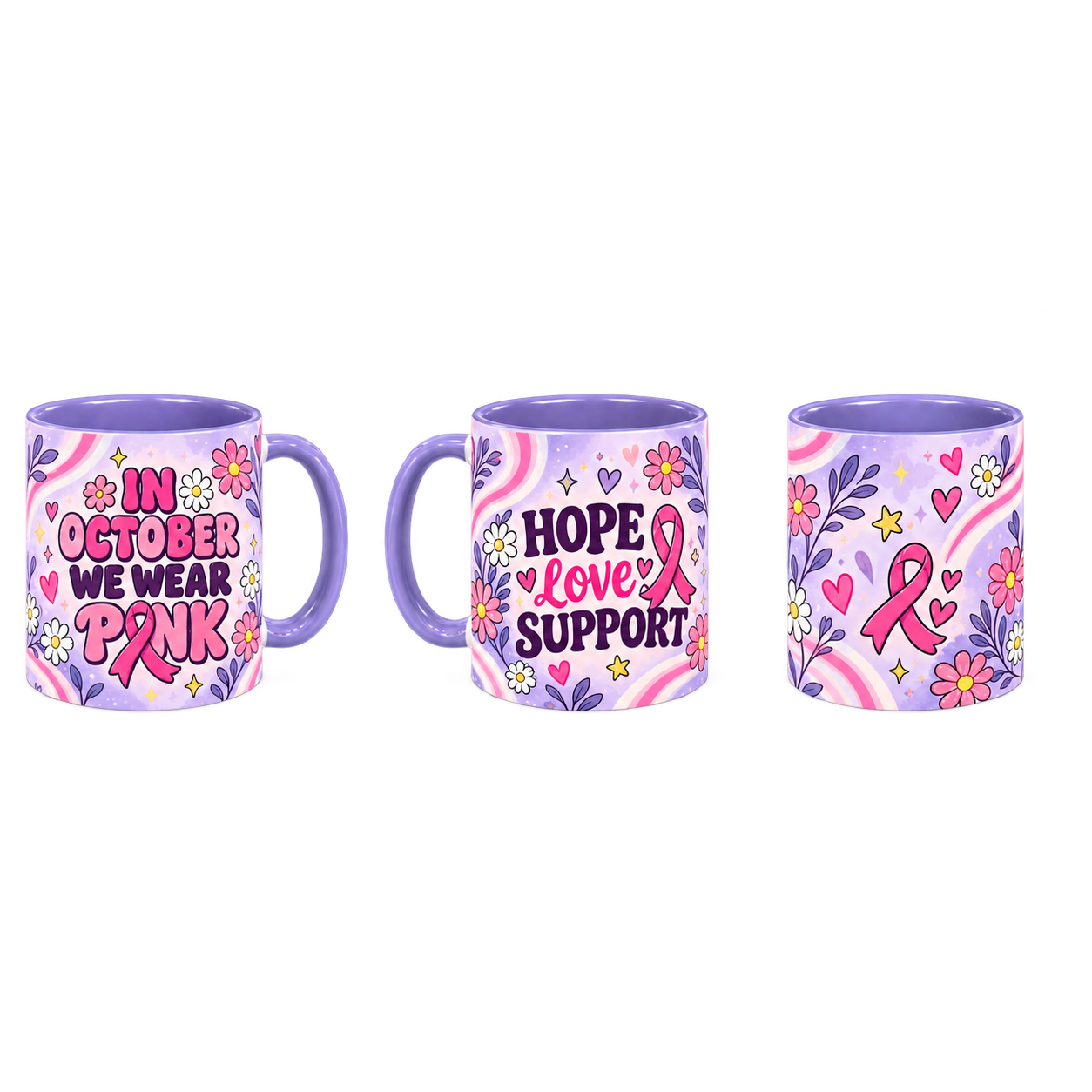 Lilac Pink Club Pinktober Mug – Light Purple, 320ml, three-view overview
