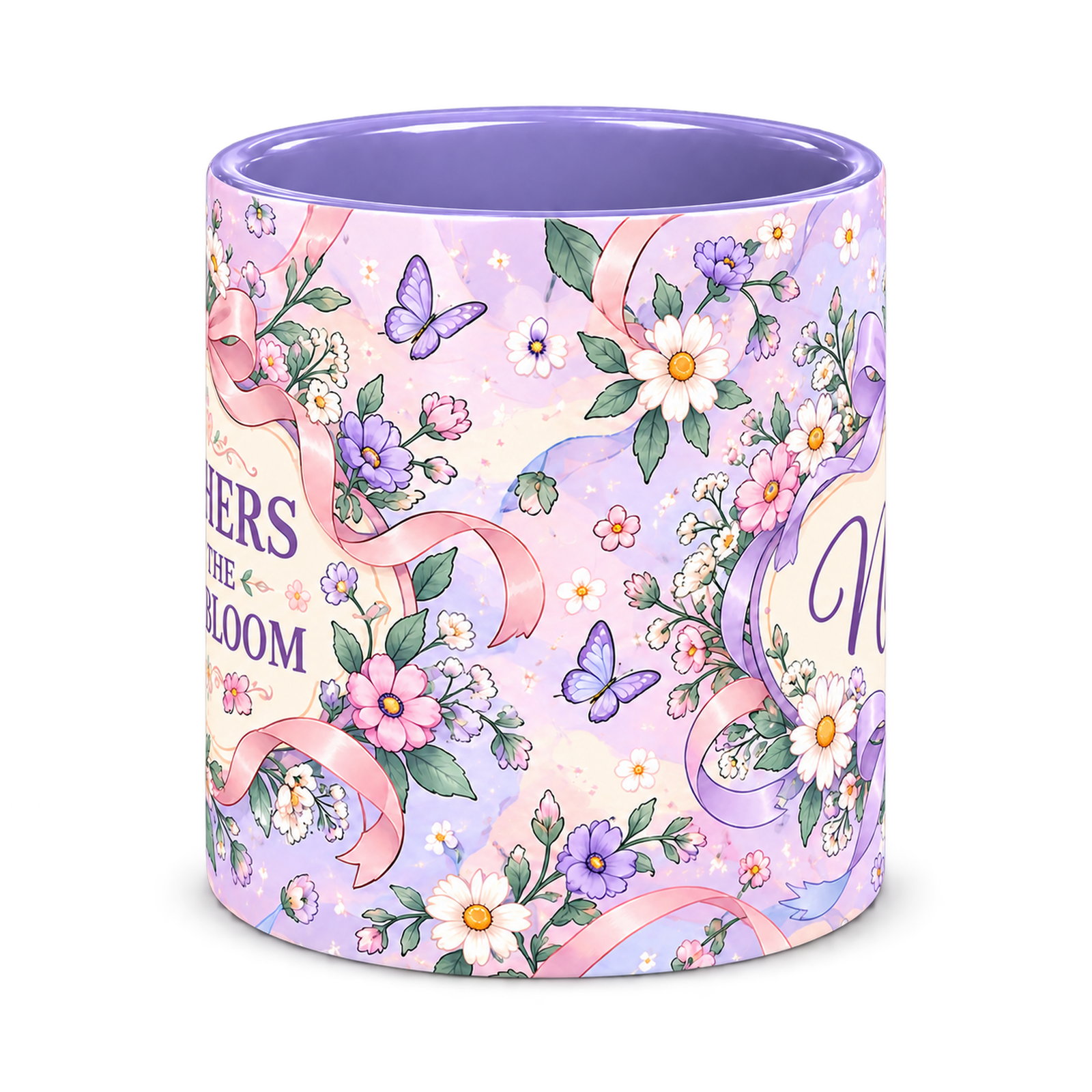 Lilac Ribbon Garden Teacher Mug, light purple – centre view of the full-wrap pattern