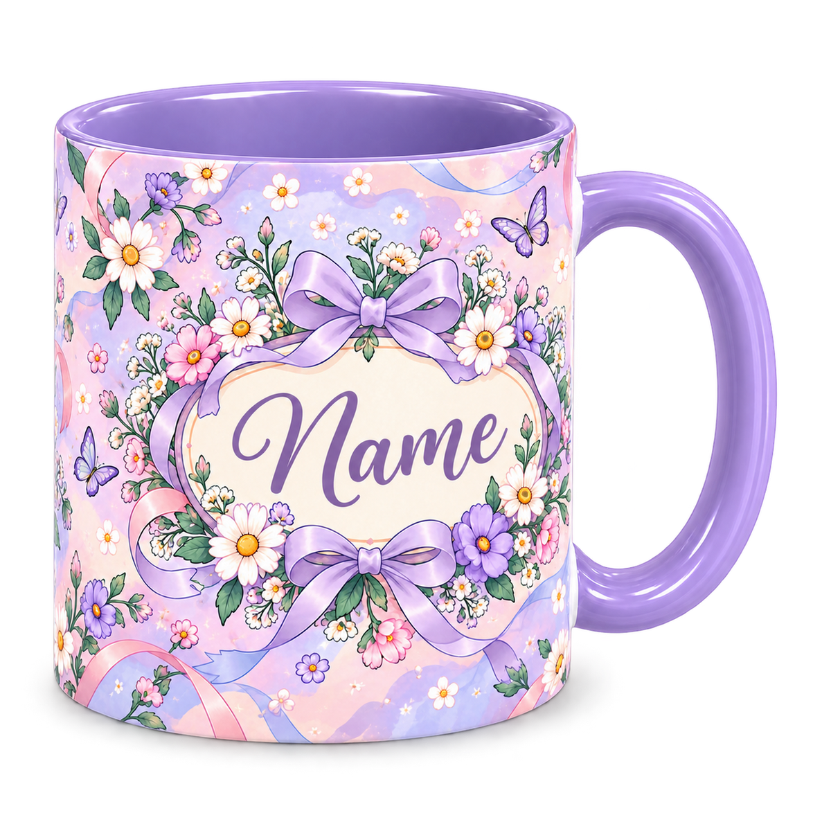 Lilac Ribbon Garden Teacher Mug, light purple – handle on the right, Name
