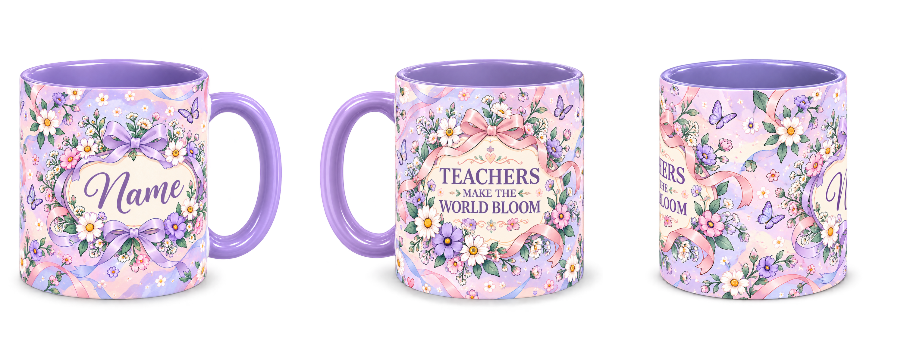 Lilac Ribbon Garden Teacher Mug, light purple – right, left and centre views side by side
