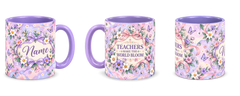 Lilac Ribbon Garden Teacher Mug, light purple – right, left and centre views side by side