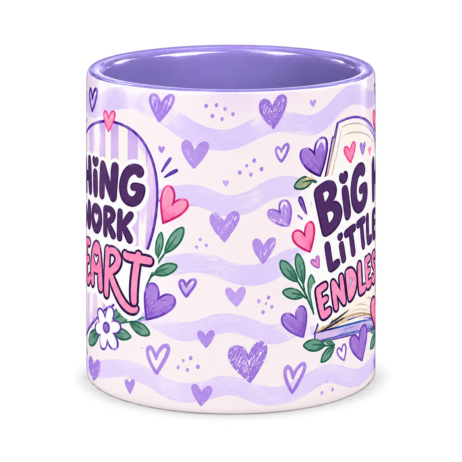 Lilac Tiny Hearts Teacher Mug, light purple – centre view of the full-wrap pattern