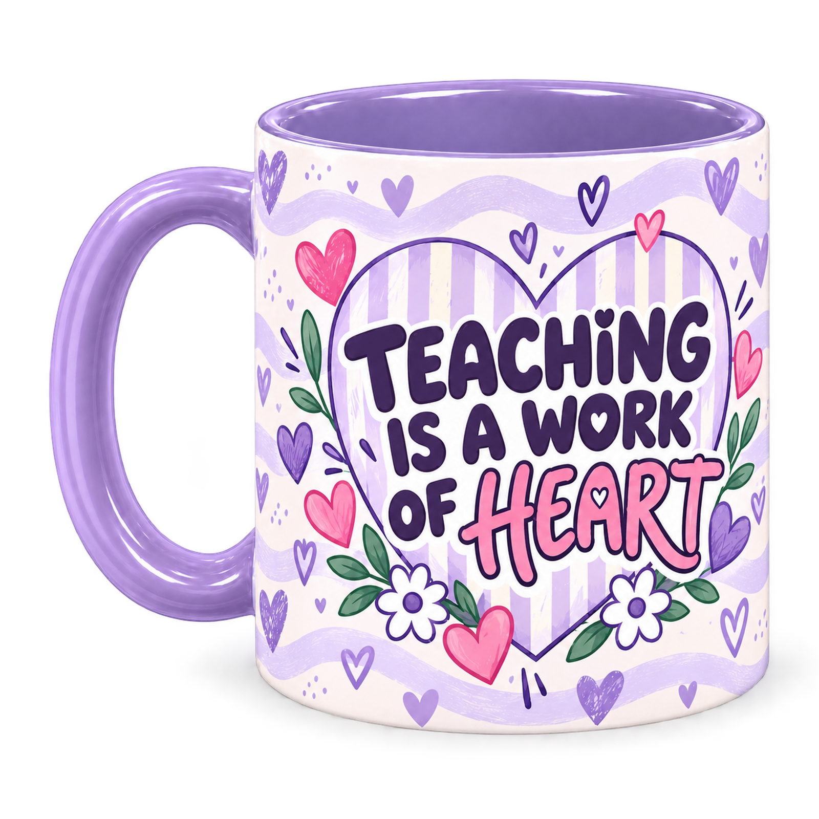 Lilac Tiny Hearts Teacher Mug, light purple – handle on the left, TEACHING IS A WORK OF HEART