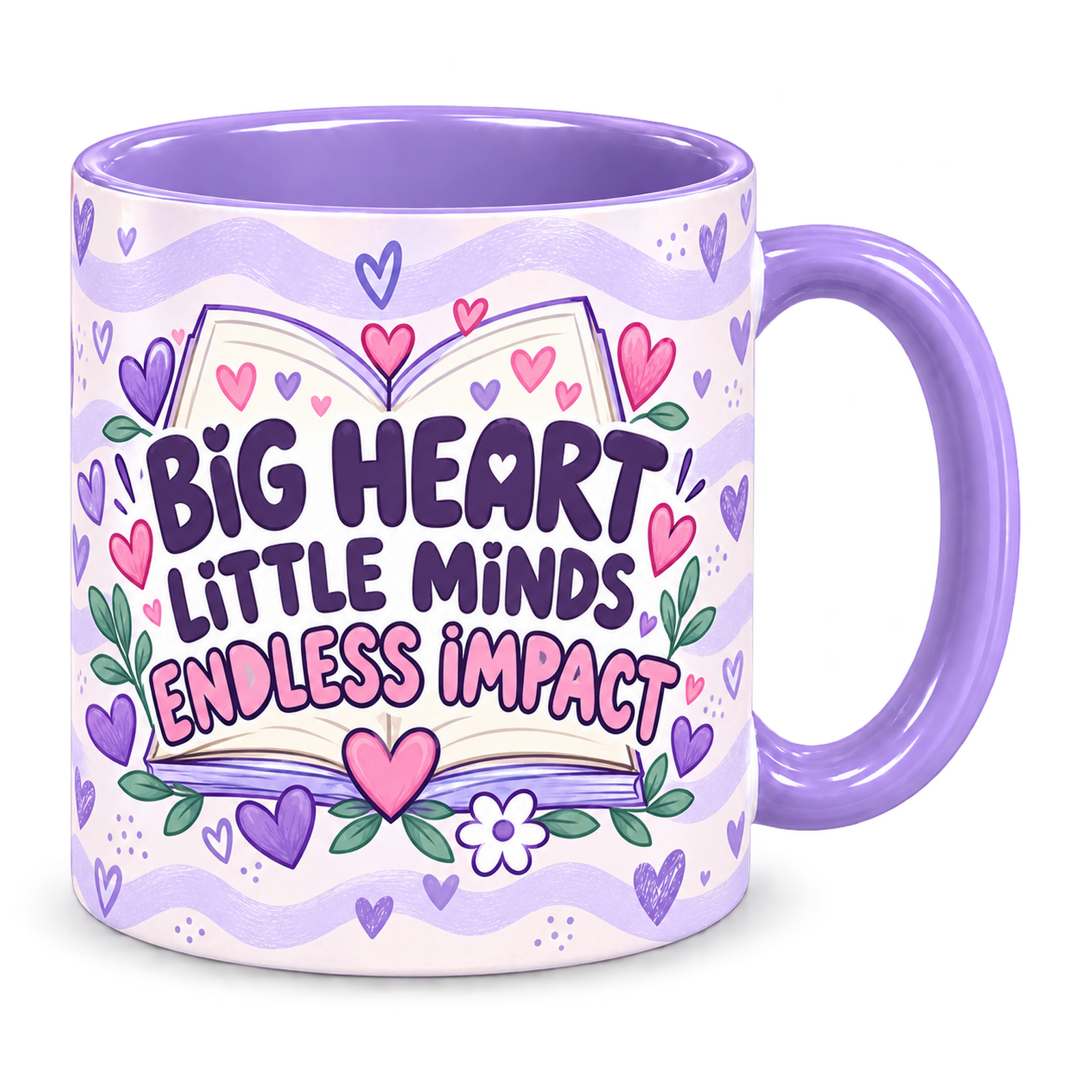 Lilac Tiny Hearts Teacher Mug, light purple – handle on the right, BIG HEART LITTLE MINDS ENDLESS IMPACT