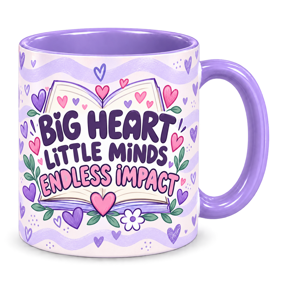 Lilac Tiny Hearts Teacher Mug, light purple – handle on the right, BIG HEART LITTLE MINDS ENDLESS IMPACT