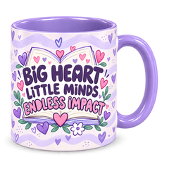 Lilac Tiny Hearts Teacher Mug, light purple – handle on the right, BIG HEART LITTLE MINDS ENDLESS IMPACT