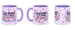 Lilac Tiny Hearts Teacher Mug, light purple – right, left and centre views side by side