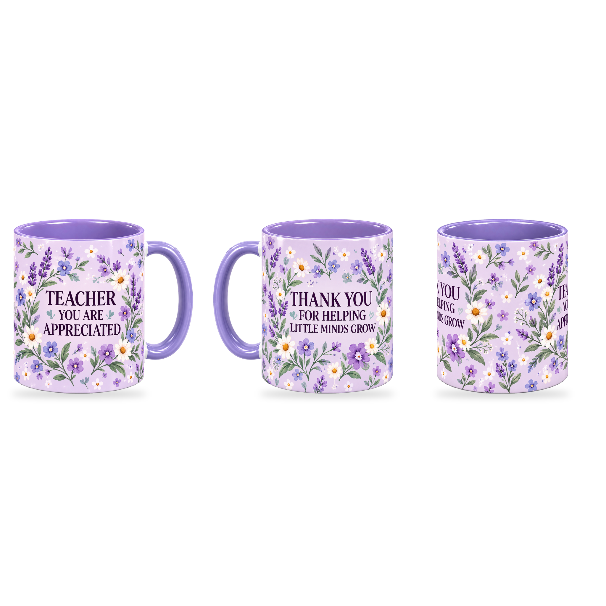 Lilac Wildflower Meadow Teacher Mug – 320ml — right, left and front views together on a transparent background