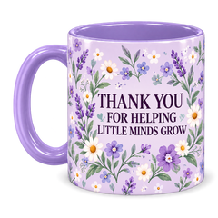 Lilac Wildflower Meadow Teacher Mug, light purple – handle on the left, THANK YOU FOR HELPING LITTLE MINDS GROW