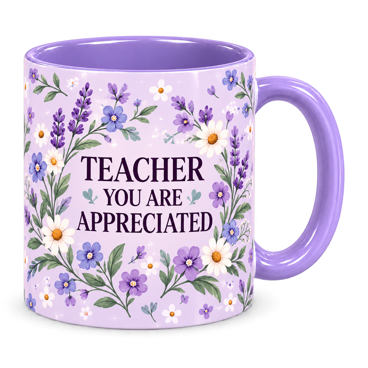 Lilac Wildflower Meadow Teacher Mug, light purple – handle on the right, TEACHER YOU ARE APPRECIATED