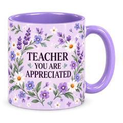 Lilac Wildflower Meadow Teacher Mug, light purple – handle on the right, TEACHER YOU ARE APPRECIATED