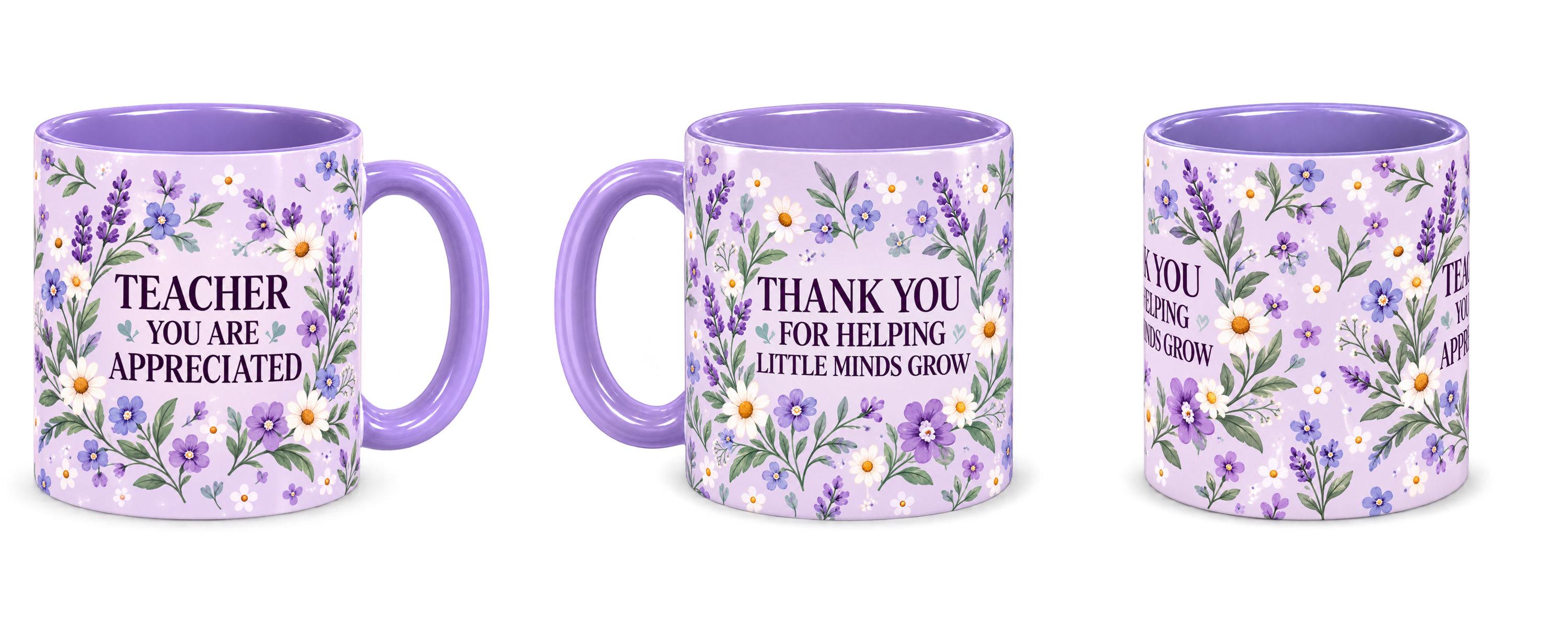Lilac Wildflower Meadow Teacher Mug, light purple – right, left and centre views side by side