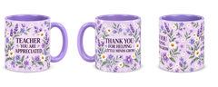 Lilac Wildflower Meadow Teacher Mug, light purple – right, left and centre views side by side