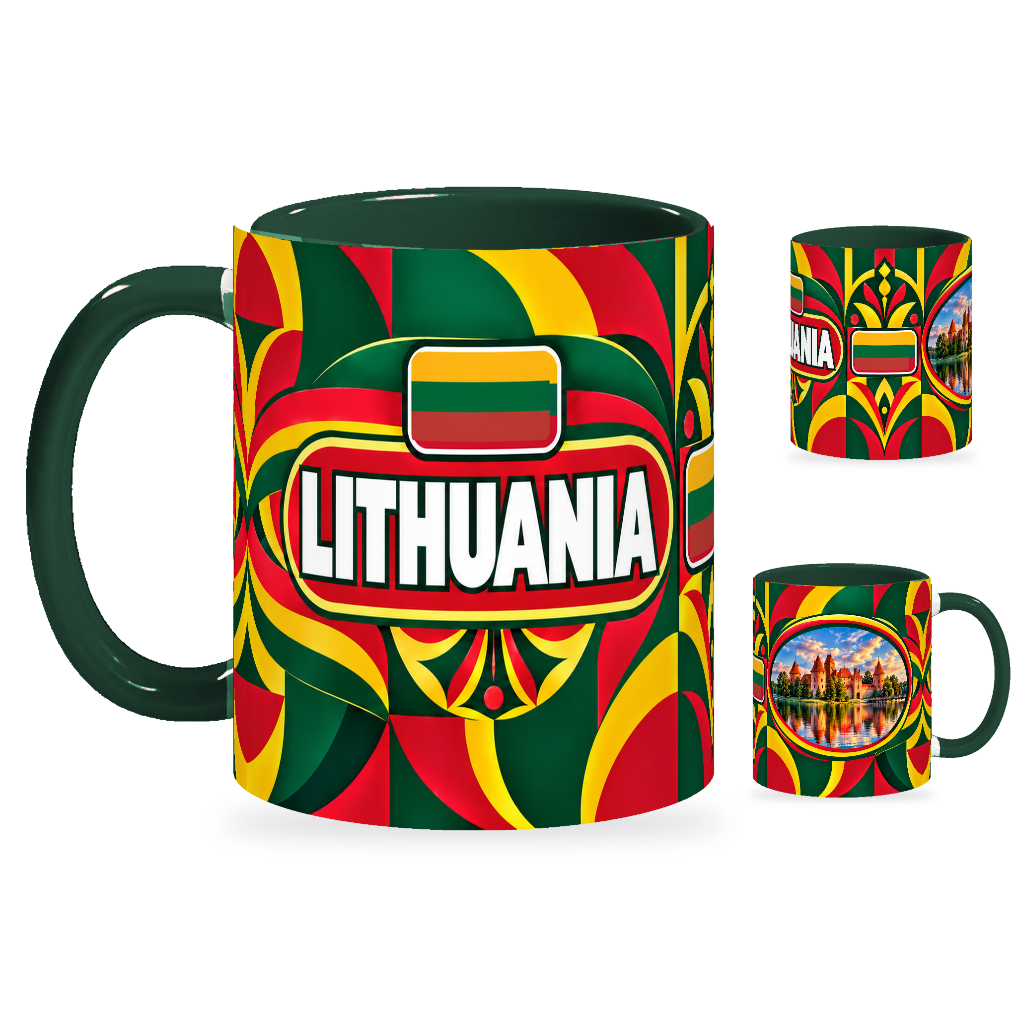 Lithuania Mug – 320ml with dark green handle, showing the country-name side plus companion centered-flag and landmark views of the glossy full-wrap design by Fann Bliss.