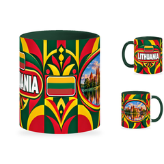 Lithuania Mug – 320ml with dark green handle, showing the centered flag view plus companion country-name and landmark views of the glossy full-wrap design by Fann Bliss.