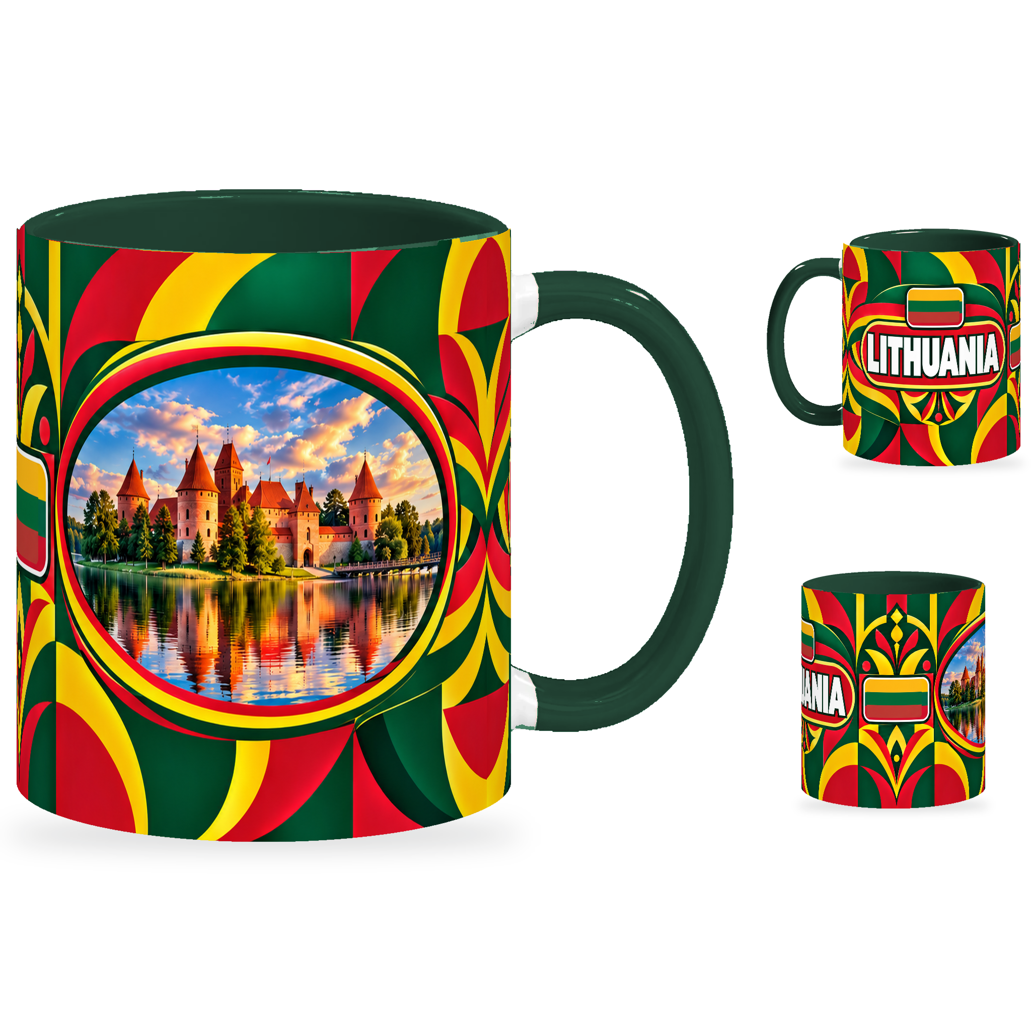 Lithuania Mug – 320ml with dark green handle, showing the landmark side plus companion country-name and centered-flag views of the glossy full-wrap design by Fann Bliss.
