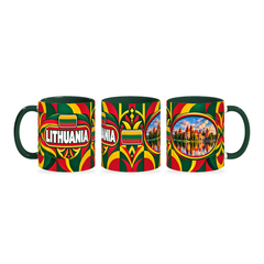Lithuania Mug – 320ml with dark green handle, shown in three matching angles of the glossy full-wrap design by Fann Bliss.