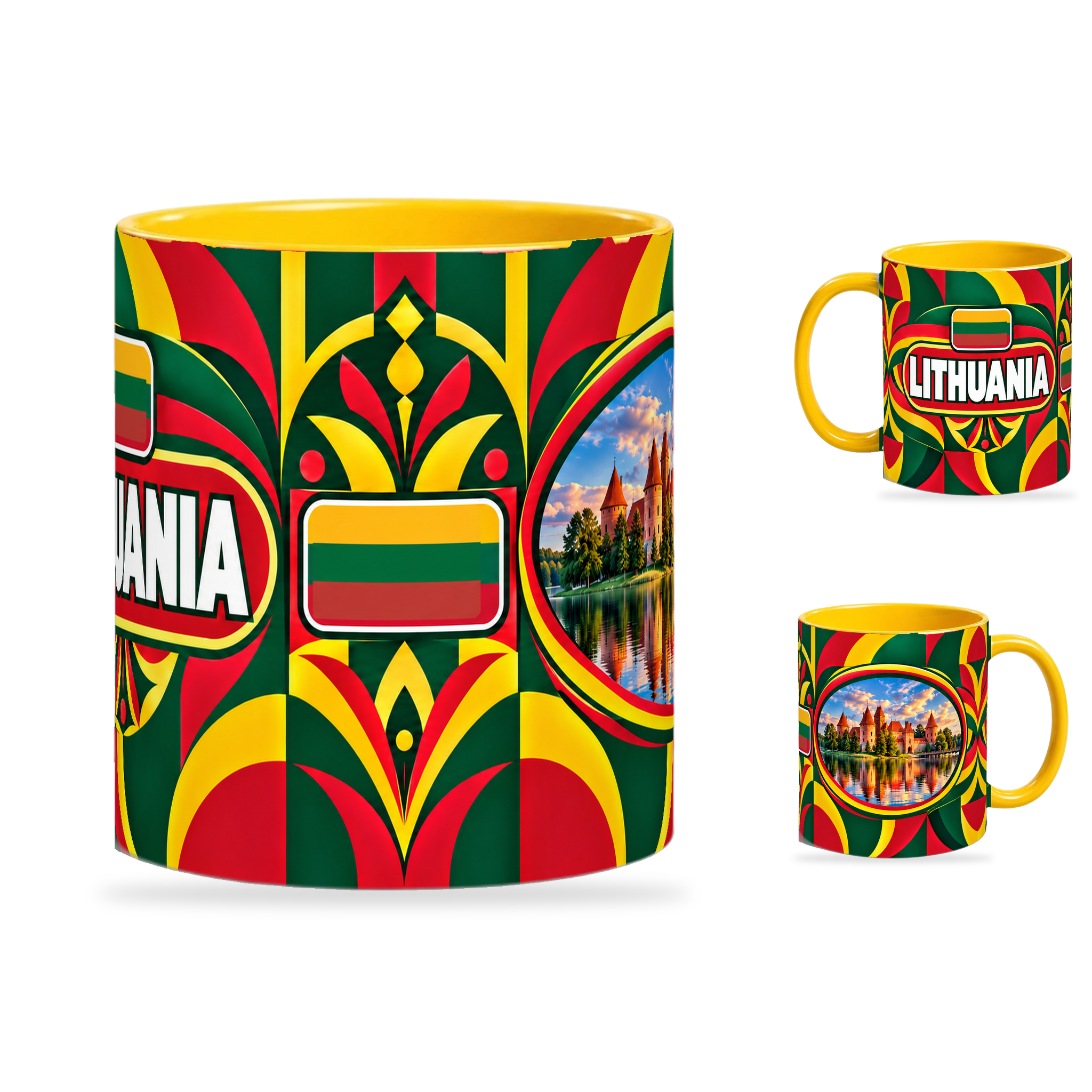 Lithuania Mug Yellow – 320ml with yellow handle, showing the centered flag view plus companion country-name and landmark views of the glossy full-wrap design by Fann Bliss.