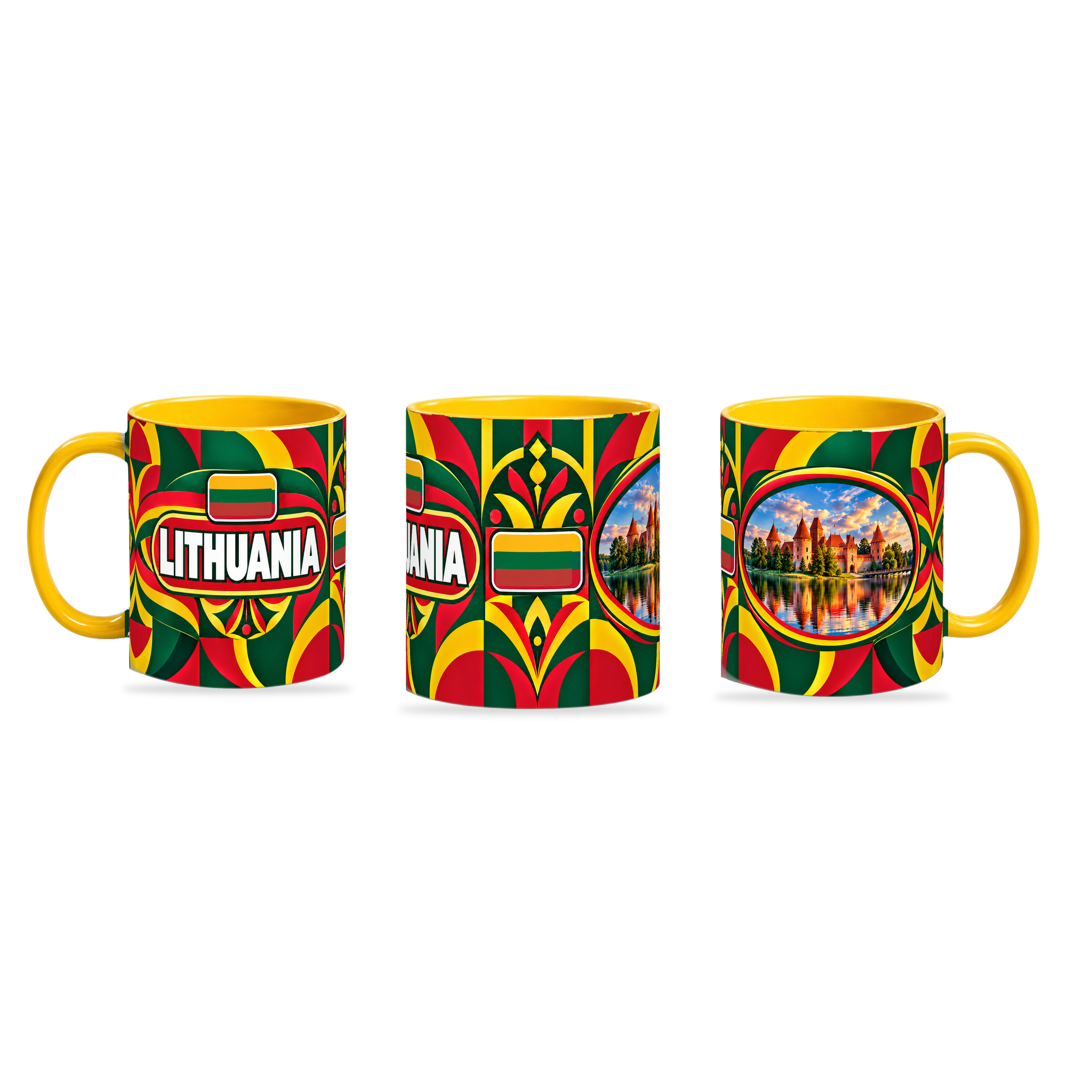 Lithuania Mug Yellow – 320ml with yellow handle, shown in three matching angles of the glossy full-wrap design by Fann Bliss.