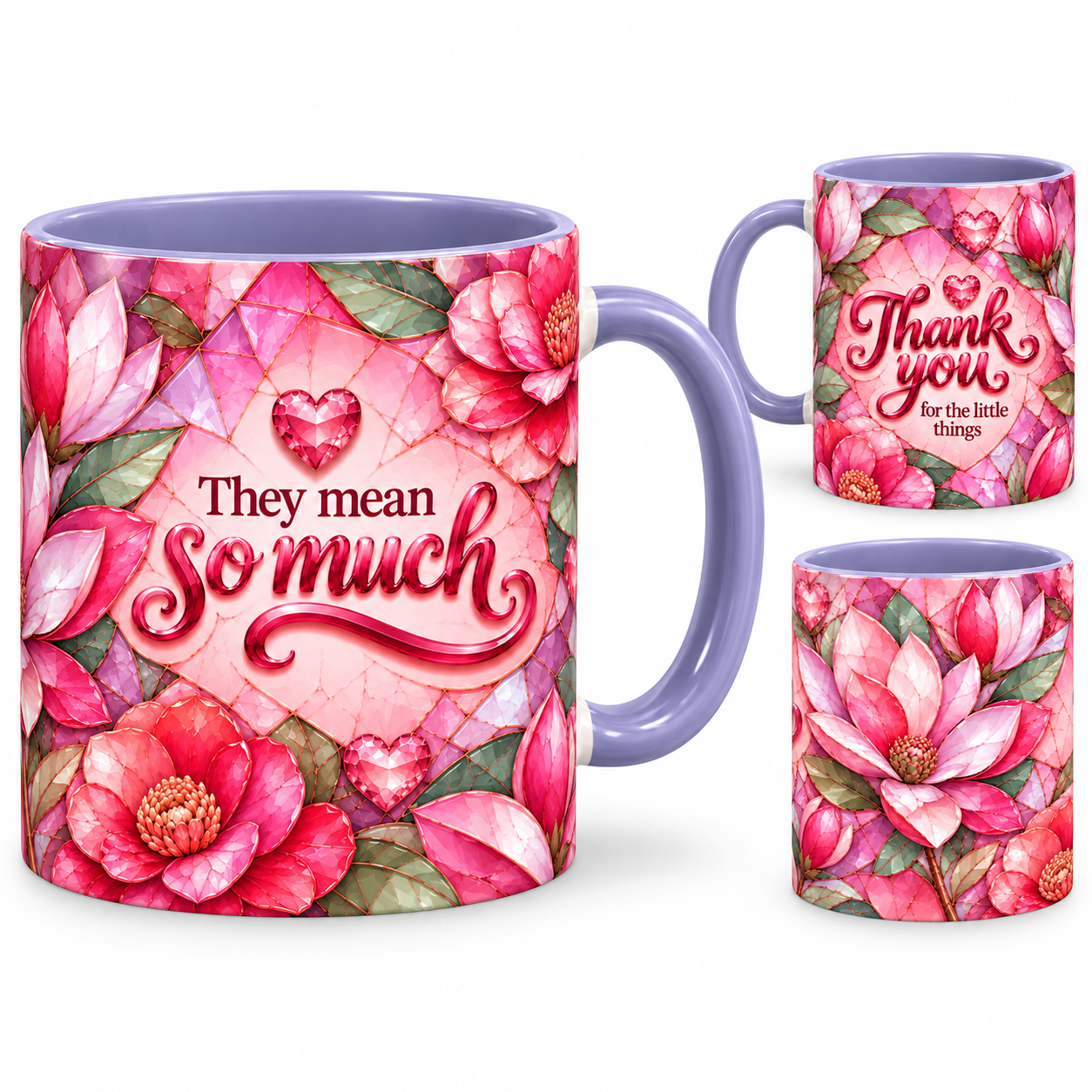 Little Things Mug – 320ml, light purple ceramic mug, views of the full-wrap Teacher’s Day design