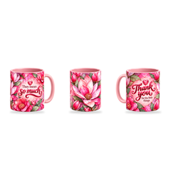 Little Things Mug – 320ml, Pink ceramic mug, three-angle overview of the Teacher’s Day artwork