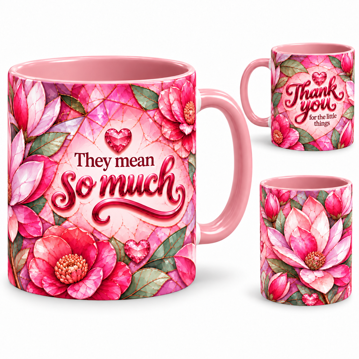 Little Things Mug – 320ml, pink ceramic mug, views of the full-wrap Teacher’s Day design
