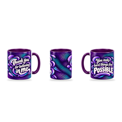 Making Things Possible Mug – 320ml, Purple ceramic mug, three-angle overview of the Teacher’s Day artwork