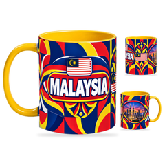 Malaysia Mug Yellow – 320ml with yellow handle, showing the country-name side plus companion centered-flag and landmark views of the glossy full-wrap design by Fann Bliss.