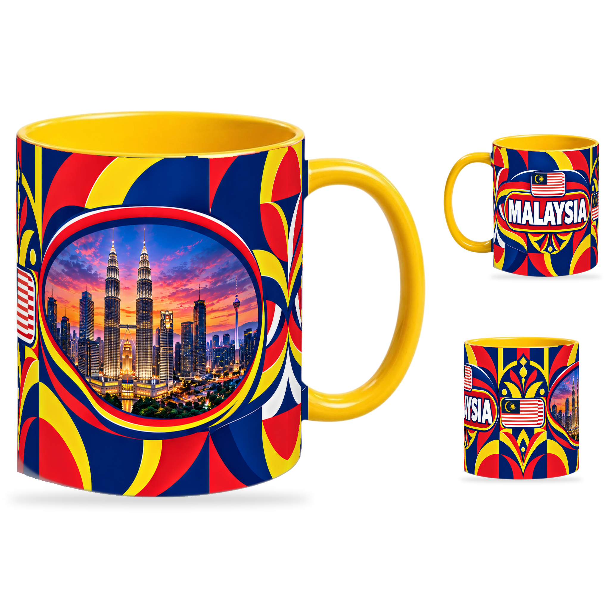 Malaysia Mug Yellow – 320ml with yellow handle, showing the landmark side plus companion country-name and centered-flag views of the glossy full-wrap design by Fann Bliss.