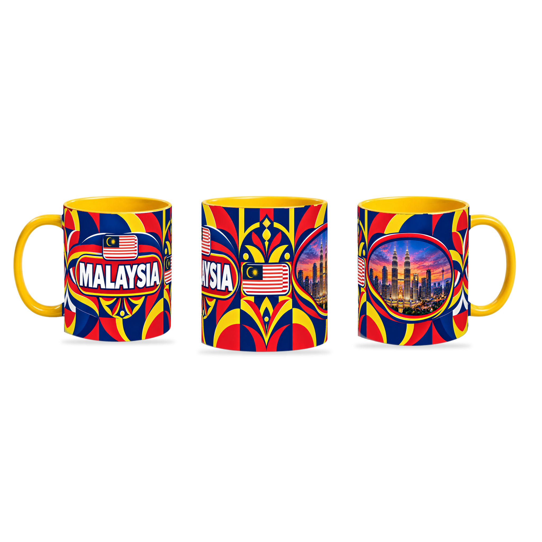 Malaysia Mug Yellow – 320ml with yellow handle, shown in three matching angles of the glossy full-wrap design by Fann Bliss.