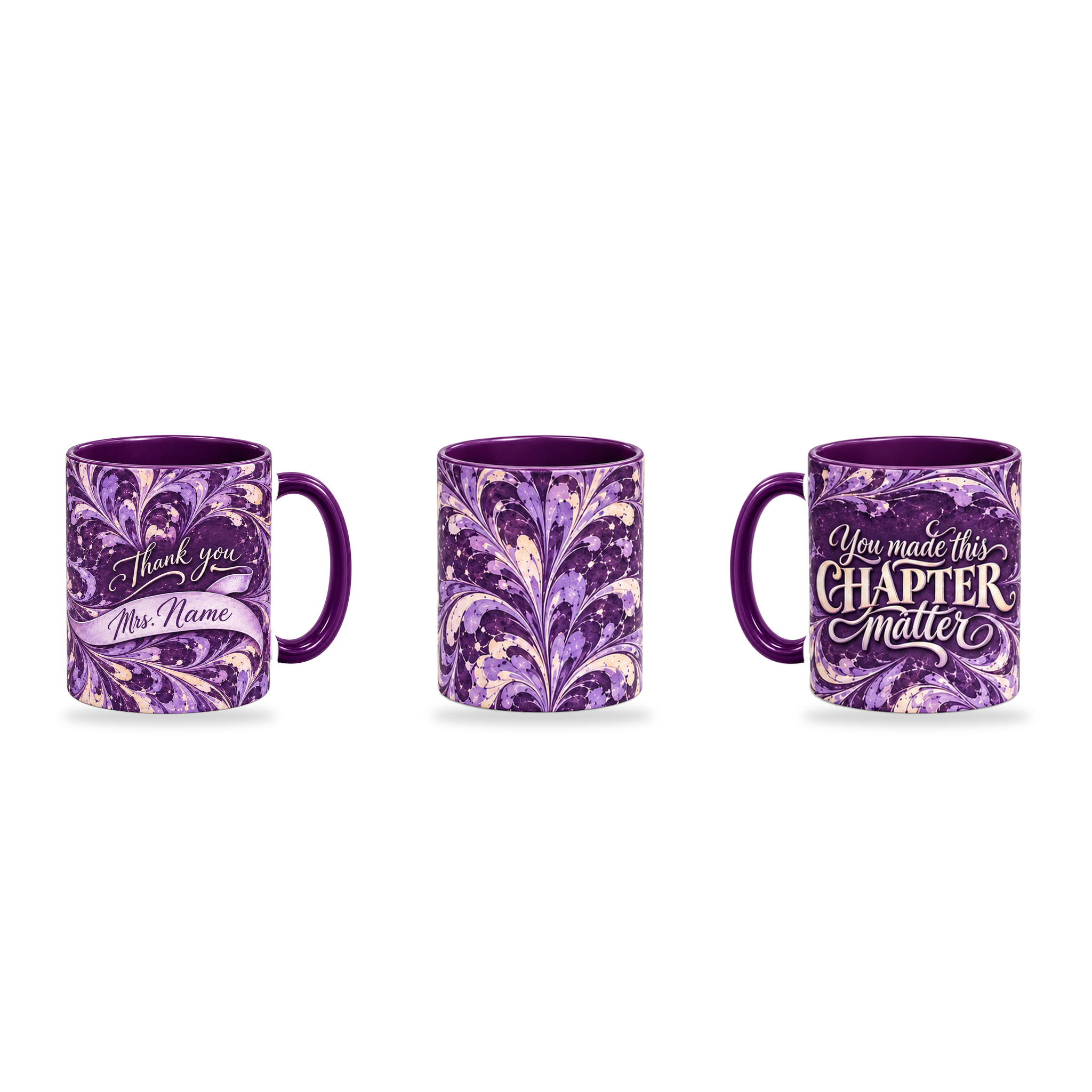 Meaningful Chapter Mug – 320ml, Purple ceramic mug, three-angle overview of the Teacher’s Day artwork