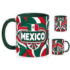 Mexico Mug – 320ml with dark green handle, showing the country-name side plus companion centered-flag and landmark views of the glossy full-wrap design by Fann Bliss.