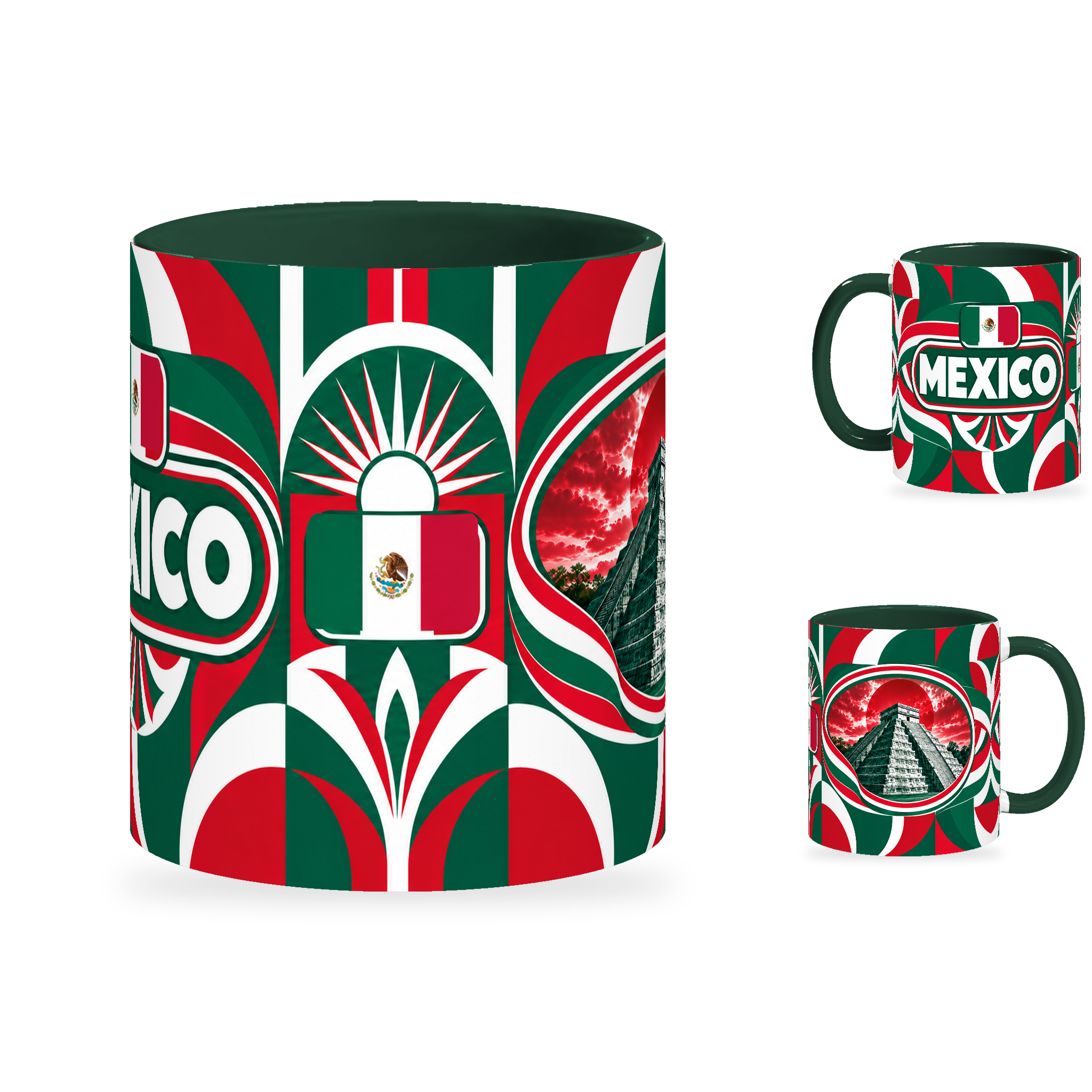 Mexico Mug – 320ml with dark green handle, showing the centered flag view plus companion country-name and landmark views of the glossy full-wrap design by Fann Bliss.