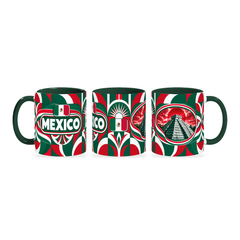 Mexico Mug – 320ml with dark green handle, shown in three matching angles of the glossy full-wrap design by Fann Bliss.