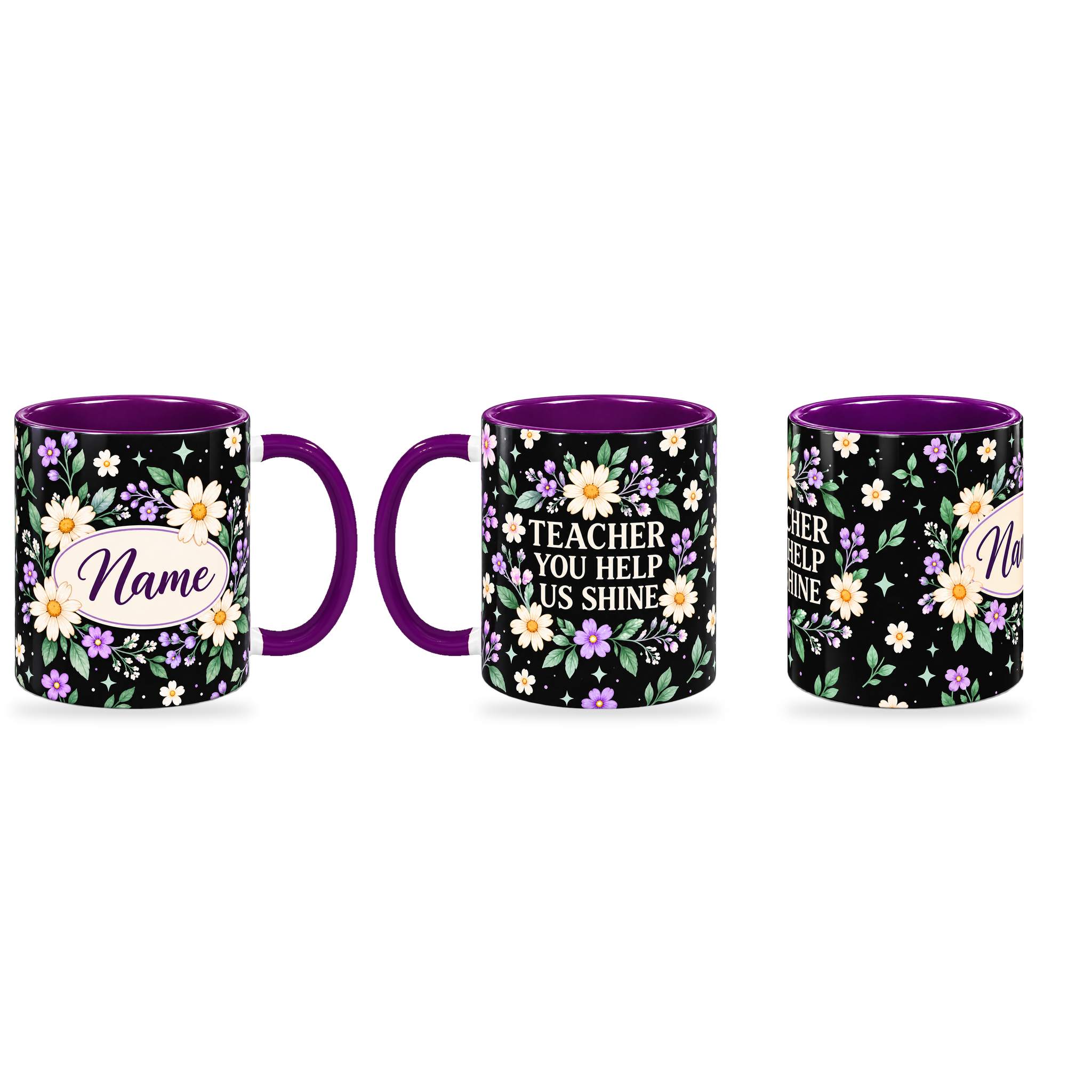 Midnight Daisy Teacher Mug – 320ml — right, left and centre views together on a transparent background