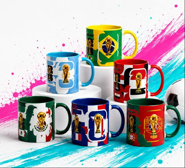 Fann Bliss World Cup ceramic mugs with paint splashes