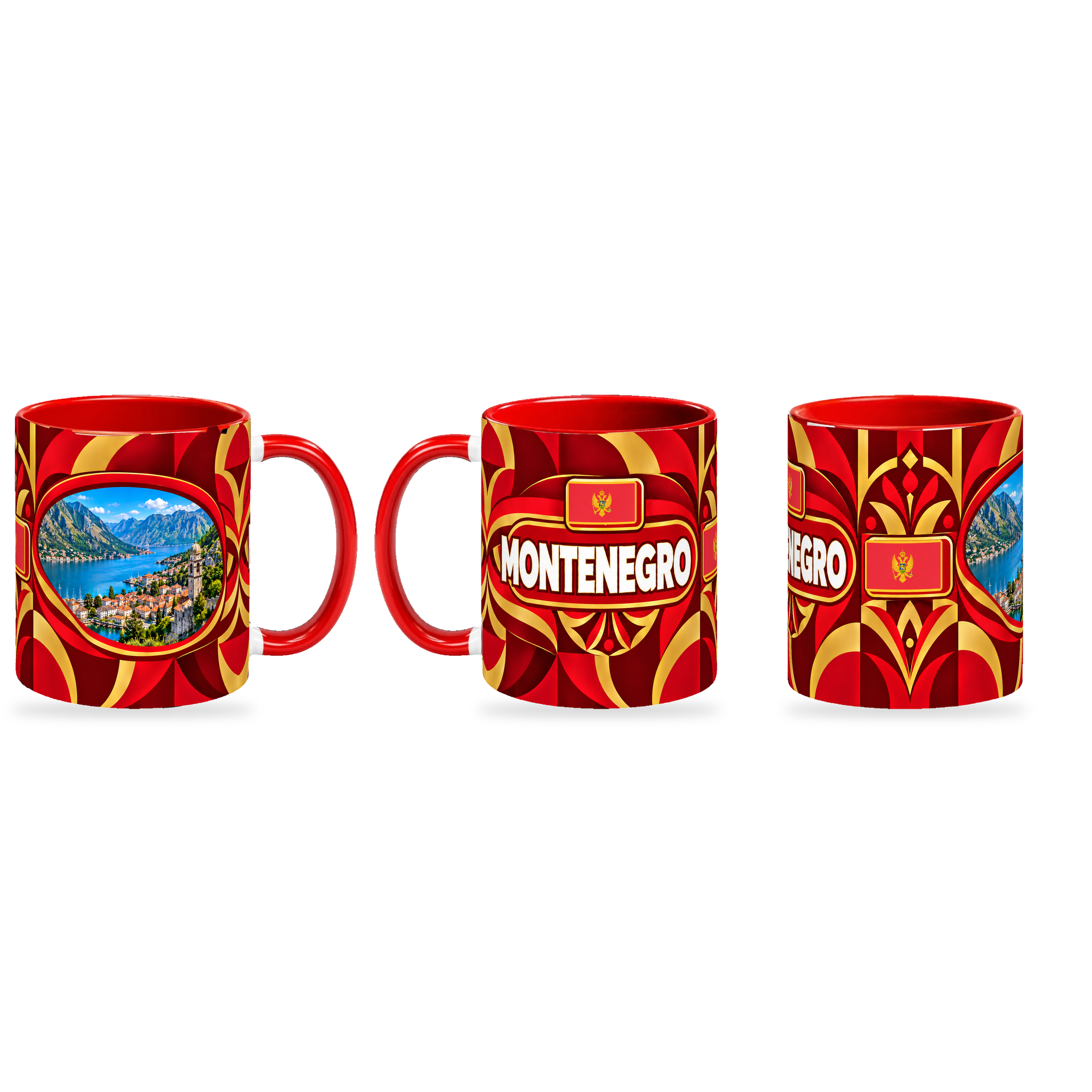 Montenegro Mug – 320ml — three matching angles together on a white background with a soft shadow